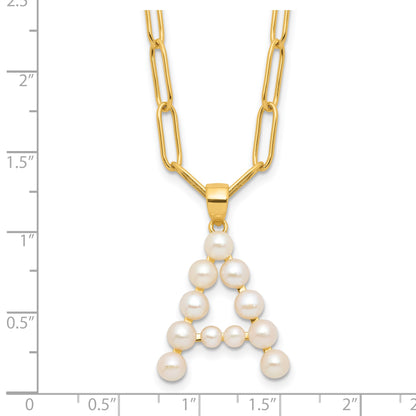 Sterling Silver Gold-plated 3-5.5mm White Button Freshwater Cultured Pearl LETTER A 18 inch Necklace