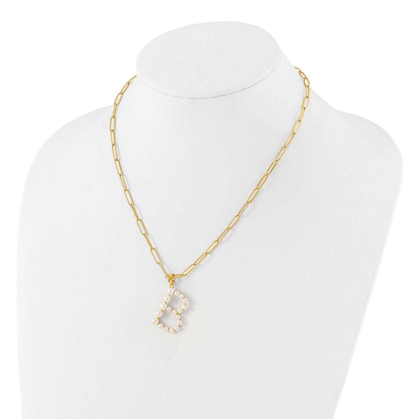 Sterling Silver Gold-plated 3-5.5mm White Button Freshwater Cultured Pearl LETTER B 18 inch Necklace