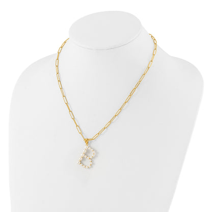 Sterling Silver Gold-plated 3-5.5mm White Button Freshwater Cultured Pearl LETTER B 18 inch Necklace