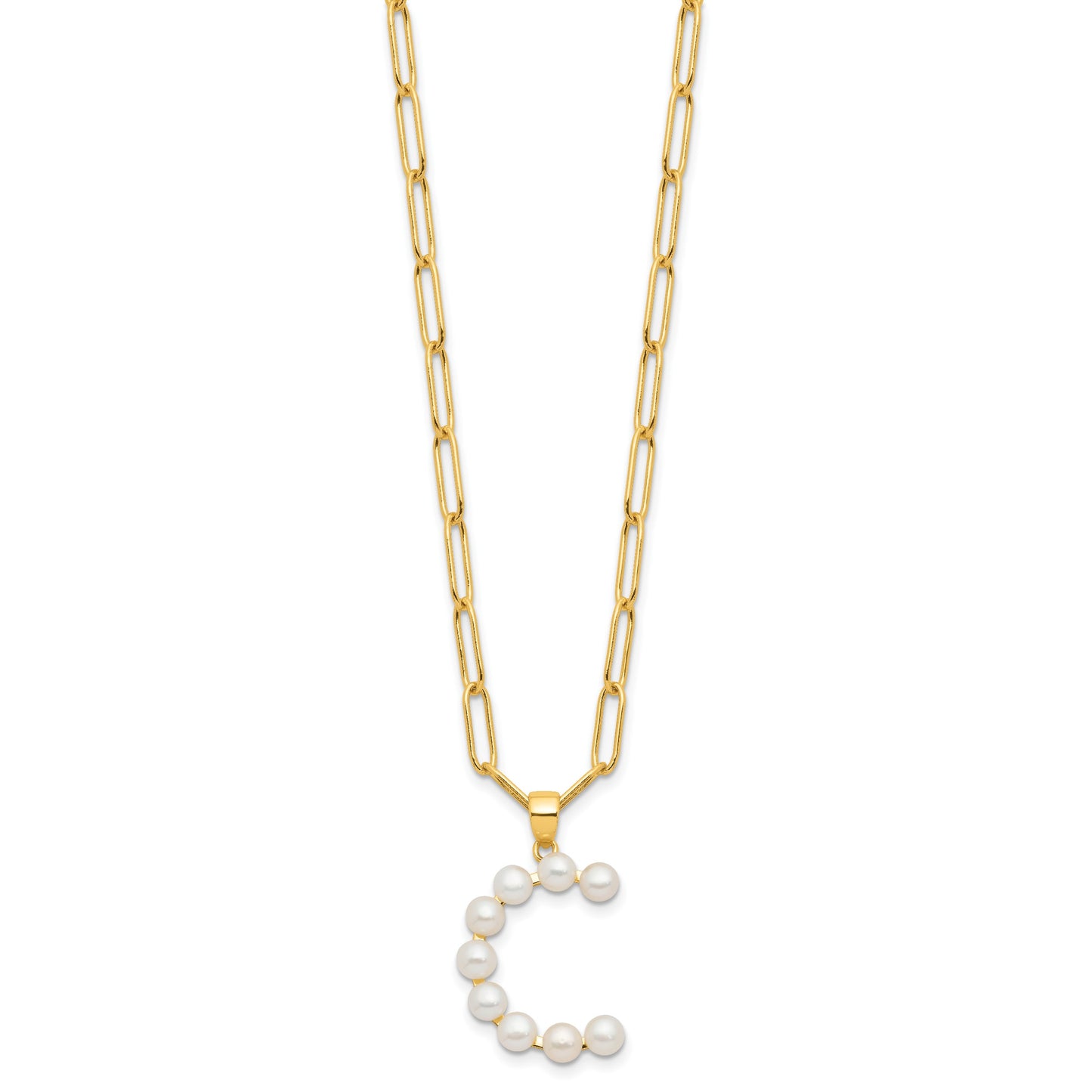 Sterling Silver Gold-plated 3-5.5mm White Button Freshwater Cultured Pearl LETTER C 18 inch Necklace