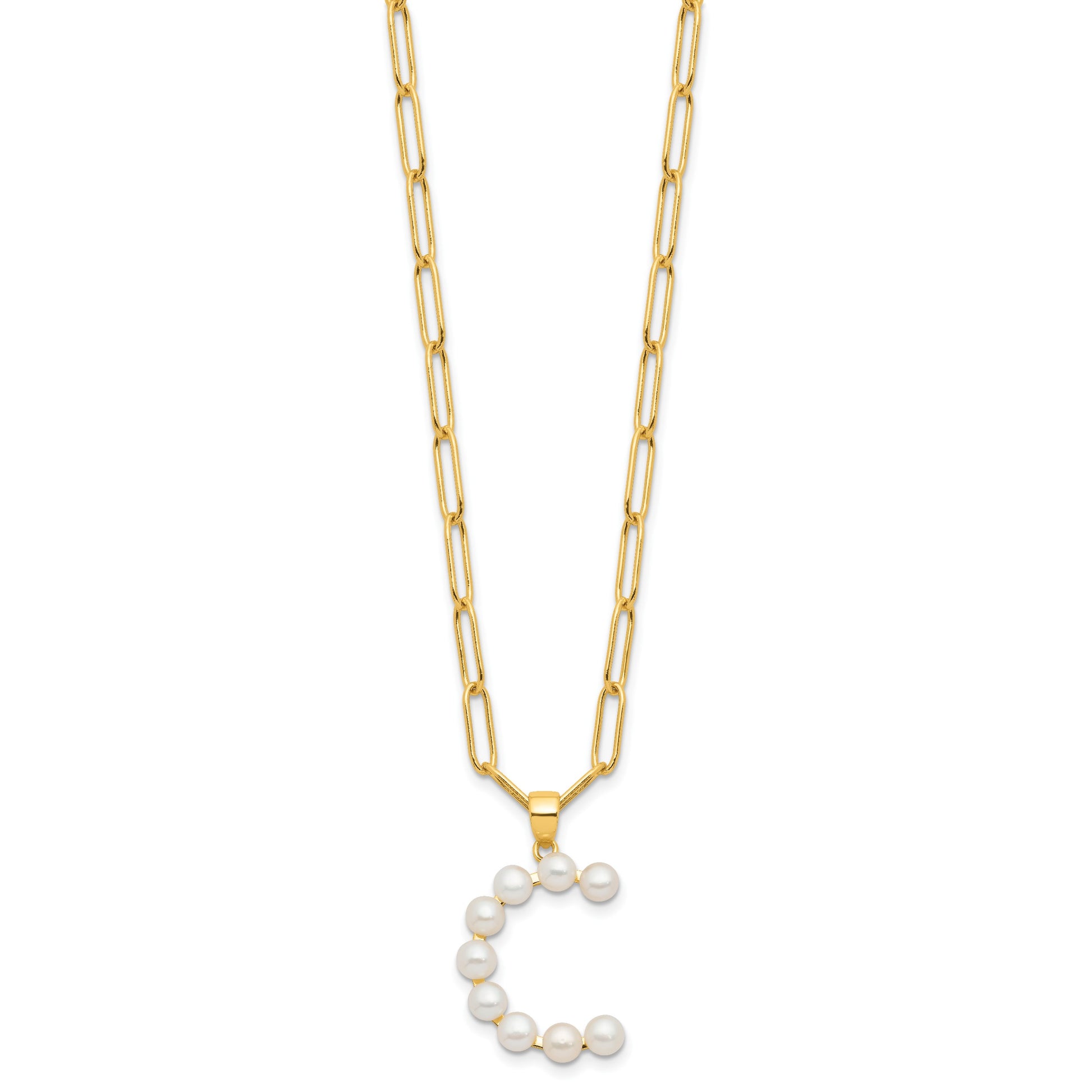 Sterling Silver Gold-plated 3-5.5mm White Button Freshwater Cultured Pearl LETTER C 18 inch Necklace