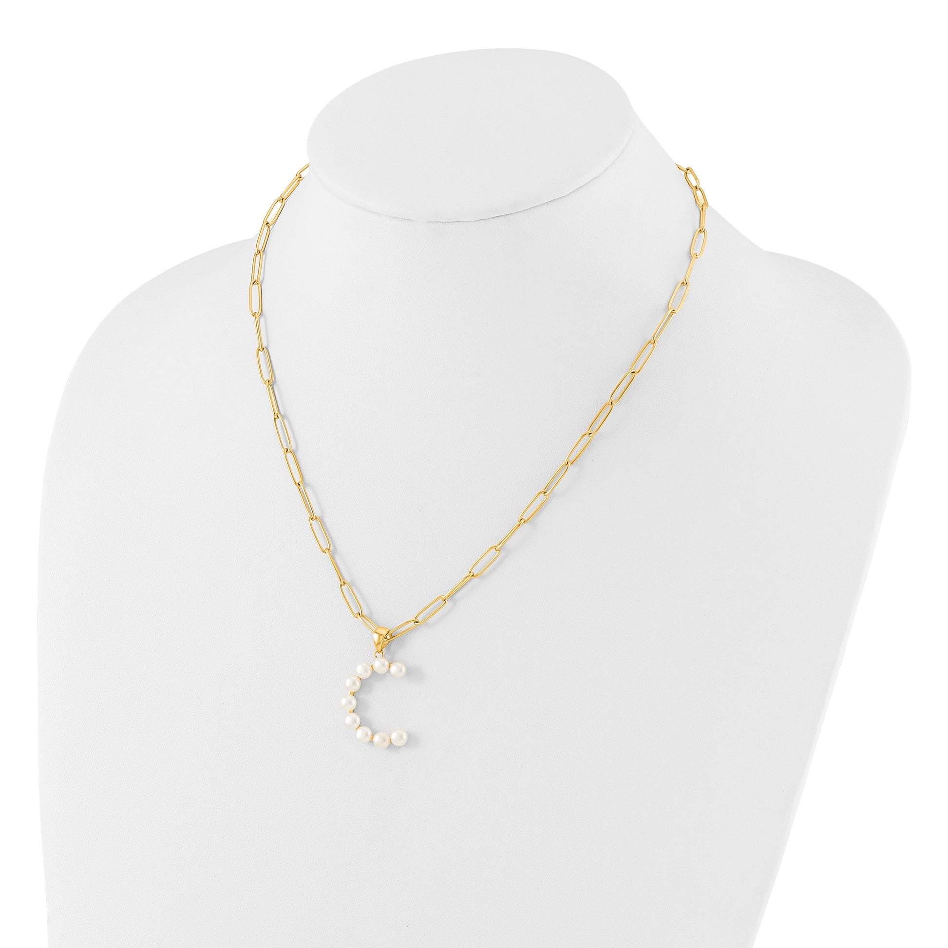 Sterling Silver Gold-plated 3-5.5mm White Button Freshwater Cultured Pearl LETTER C 18 inch Necklace