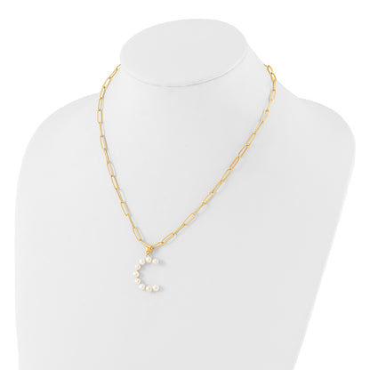 Sterling Silver Gold-plated 3-5.5mm White Button Freshwater Cultured Pearl LETTER C 18 inch Necklace