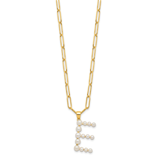 Sterling Silver Gold-plated 3-6mm White Button Freshwater Cultured Pearl LETTER E 18 inch Necklace