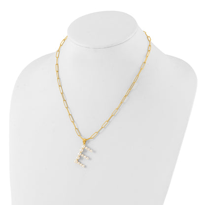 Sterling Silver Gold-plated 3-6mm White Button Freshwater Cultured Pearl LETTER E 18 inch Necklace