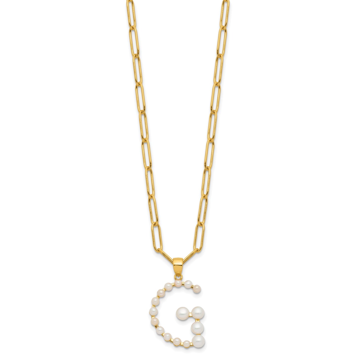 Sterling Silver Gold-plated 3-5.5mm White Button Freshwater Cultured Pearl LETTER G 18 inch Necklace