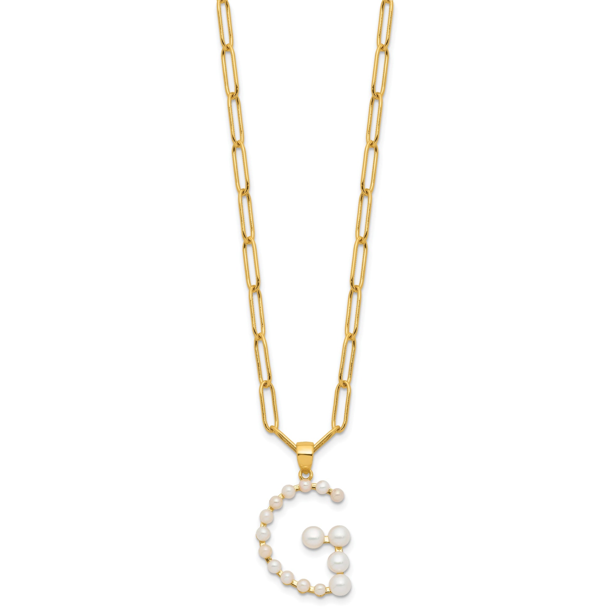 Sterling Silver Gold-plated 3-5.5mm White Button Freshwater Cultured Pearl LETTER G 18 inch Necklace