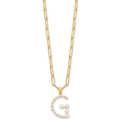 Sterling Silver Gold-plated 3-5.5mm White Button Freshwater Cultured Pearl LETTER G 18 inch Necklace