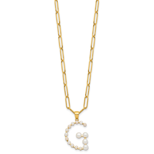 Sterling Silver Gold-plated 3-5.5mm White Button Freshwater Cultured Pearl LETTER G 18 inch Necklace