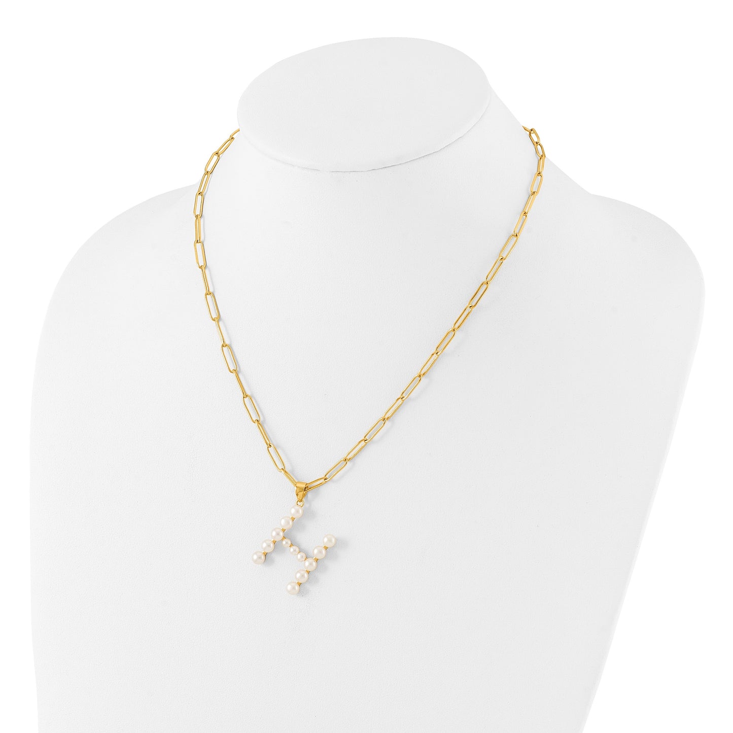Sterling Silver Gold-plated 3-5.5mm White Button Freshwater Cultured Pearl LETTER H 18 inch Necklace