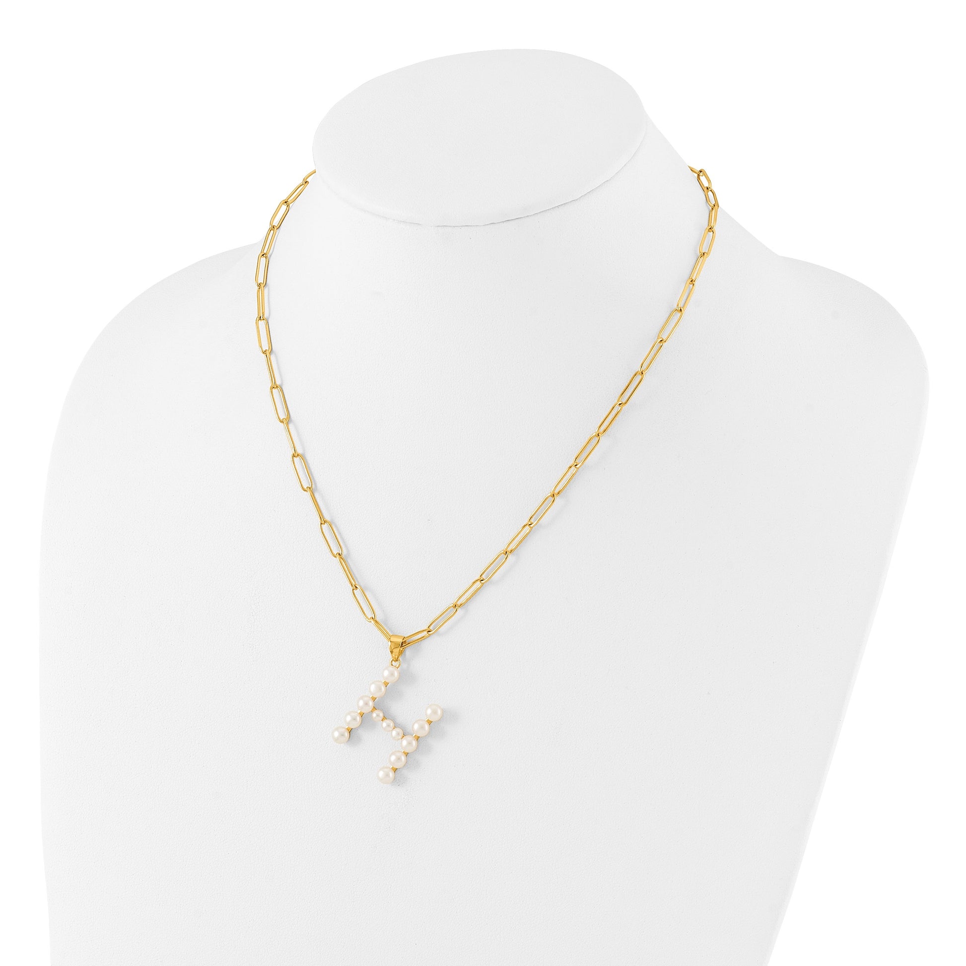 Sterling Silver Gold-plated 3-5.5mm White Button Freshwater Cultured Pearl LETTER H 18 inch Necklace