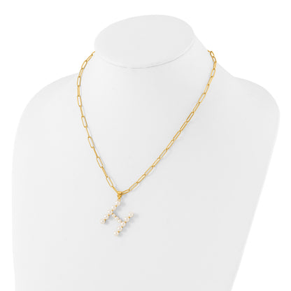 Sterling Silver Gold-plated 3-5.5mm White Button Freshwater Cultured Pearl LETTER H 18 inch Necklace
