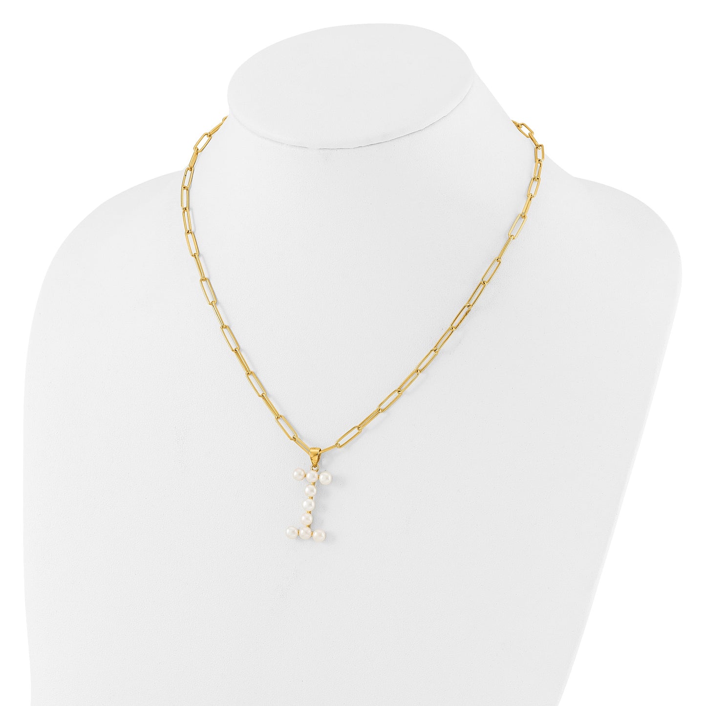Sterling Silver Gold-plated 3-5.5mm White Button Freshwater Cultured Pearl LETTER I 18 inch Necklace
