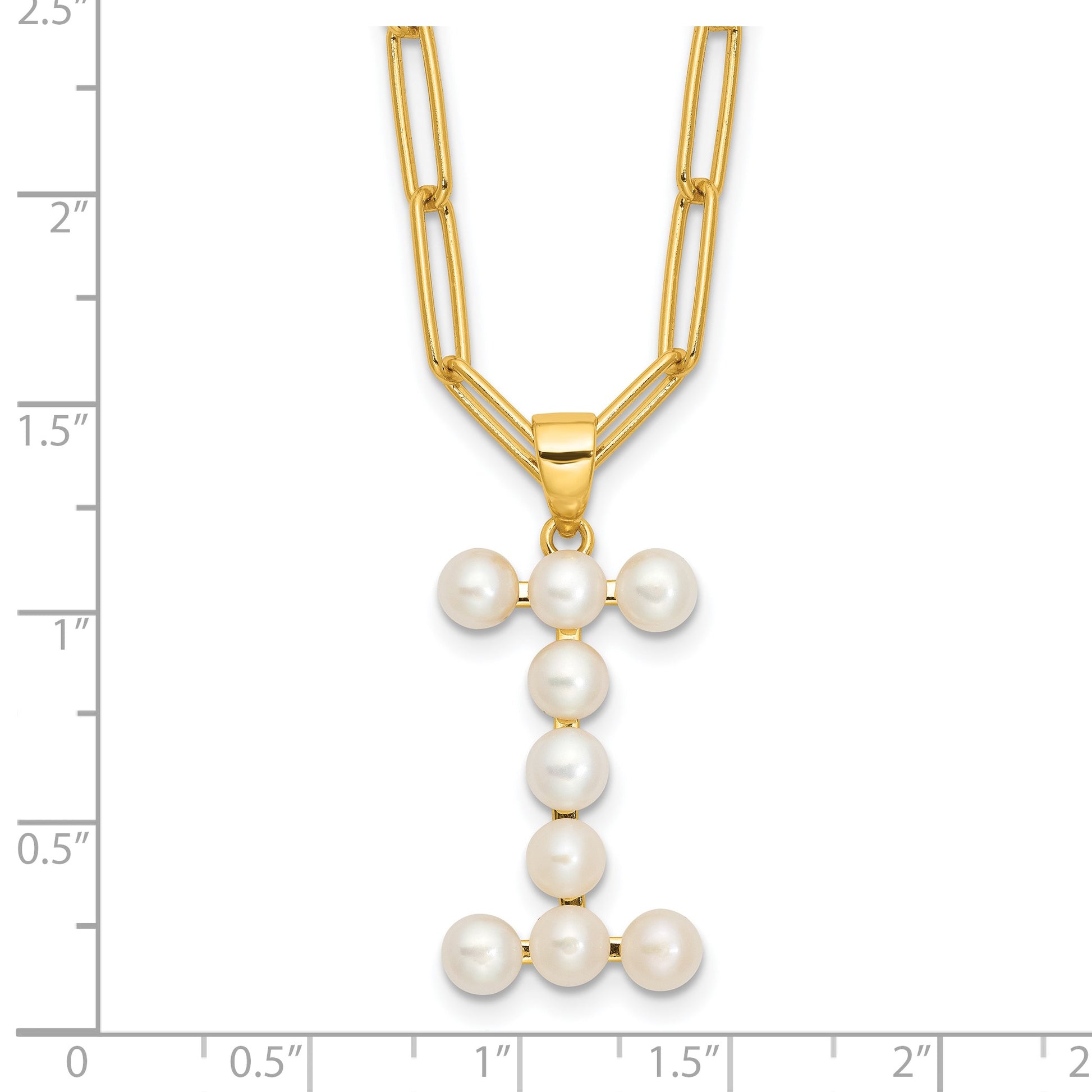 Sterling Silver Gold-plated 3-5.5mm White Button Freshwater Cultured Pearl LETTER I 18 inch Necklace
