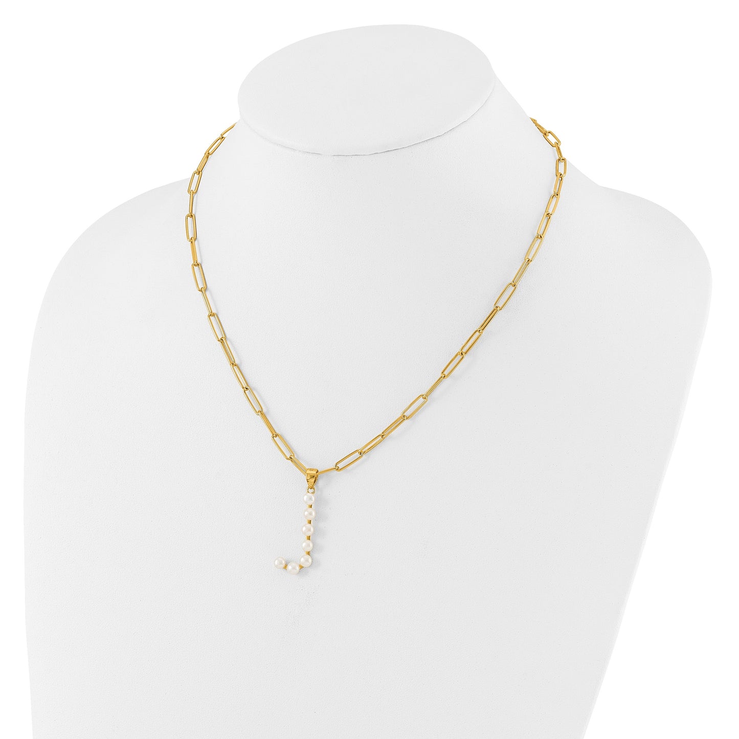 Sterling Silver Gold-plated 3-5.5mm White Button Freshwater Cultured Pearl LETTER J 18 inch Necklace