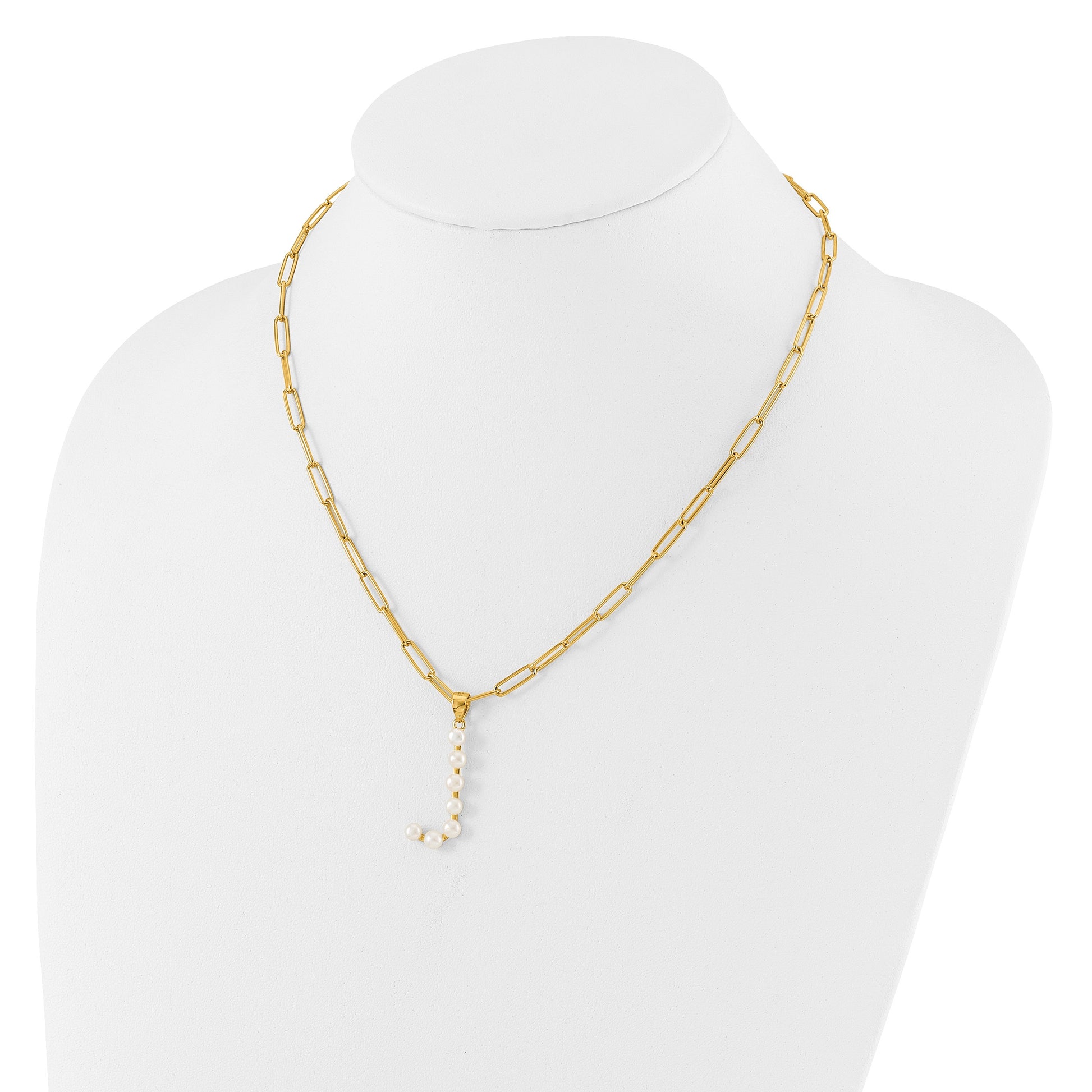 Sterling Silver Gold-plated 3-5.5mm White Button Freshwater Cultured Pearl LETTER J 18 inch Necklace