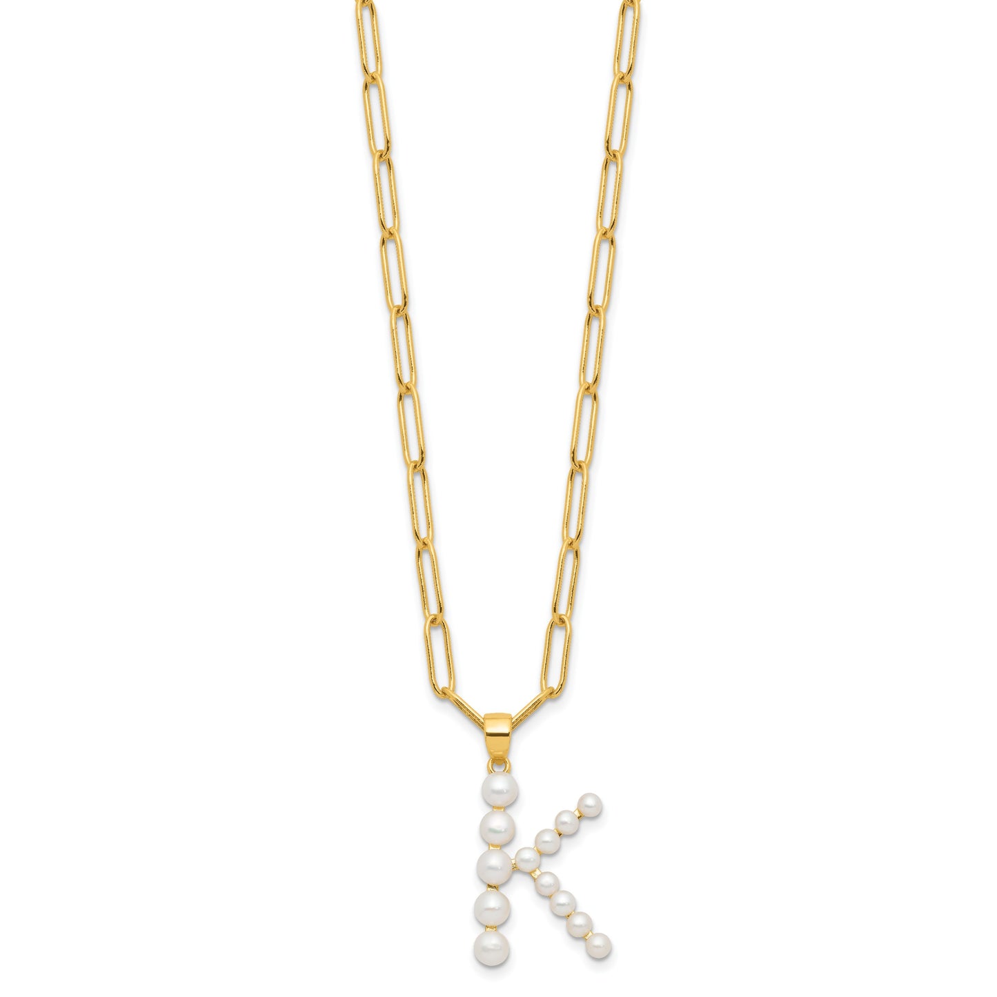Sterling Silver Gold-plated 3-5.5mm White Button Freshwater Cultured Pearl LETTER K 18 inch Necklace
