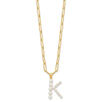 Sterling Silver Gold-plated 3-5.5mm White Button Freshwater Cultured Pearl LETTER K 18 inch Necklace