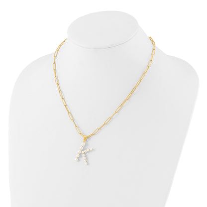 Sterling Silver Gold-plated 3-5.5mm White Button Freshwater Cultured Pearl LETTER K 18 inch Necklace