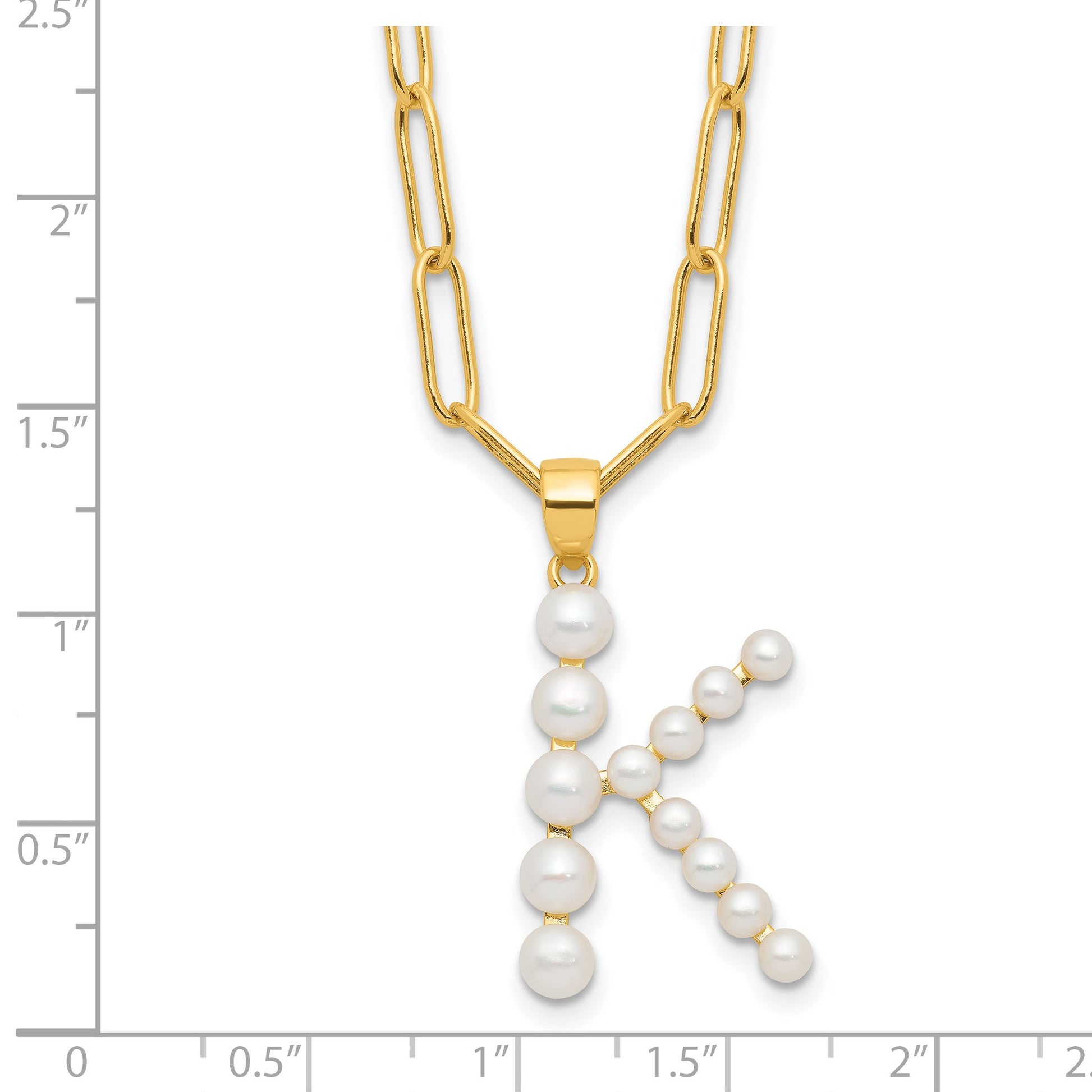 Sterling Silver Gold-plated 3-5.5mm White Button Freshwater Cultured Pearl LETTER K 18 inch Necklace