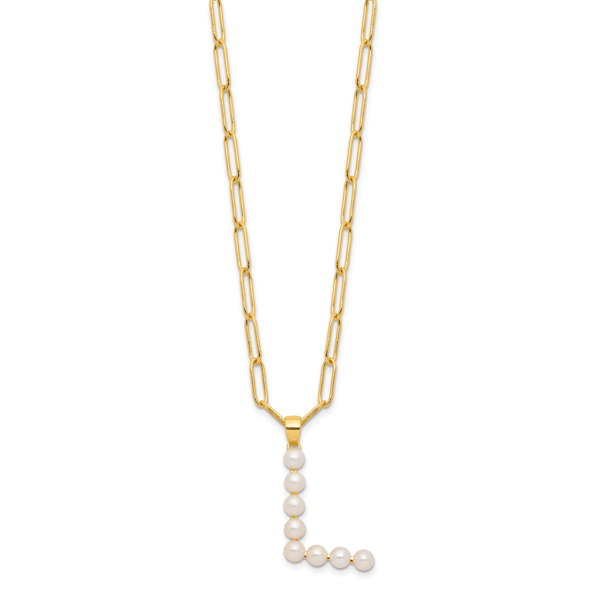 Sterling Silver Gold-plated 3-5.5mm White Button Freshwater Cultured Pearl LETTER L 18 inch Necklace