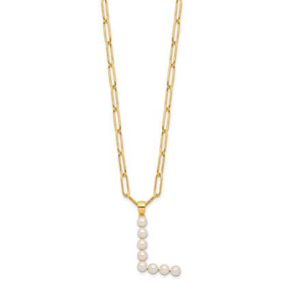 Sterling Silver Gold-plated 3-5.5mm White Button Freshwater Cultured Pearl LETTER L 18 inch Necklace
