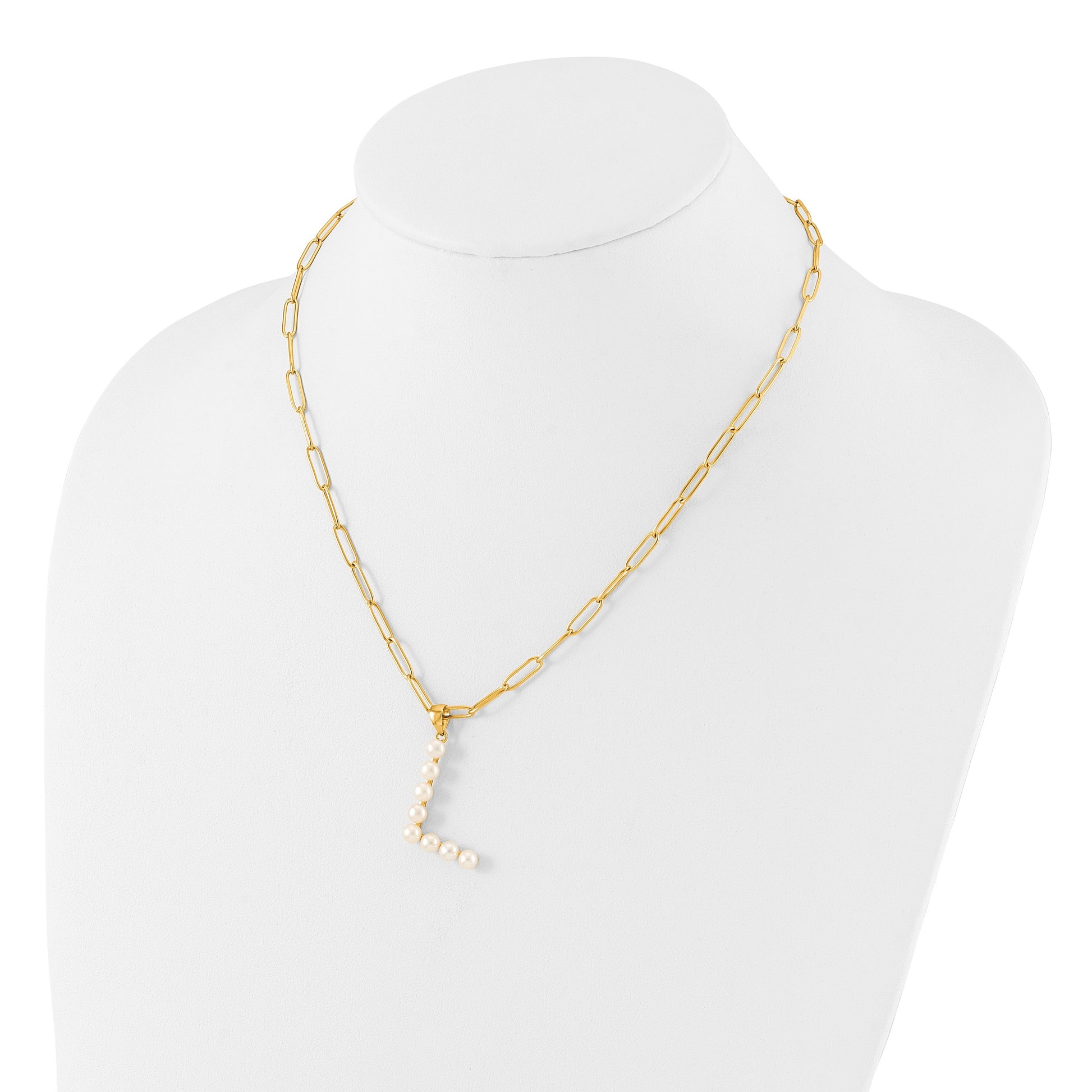 Sterling Silver Gold-plated 3-5.5mm White Button Freshwater Cultured Pearl LETTER L 18 inch Necklace