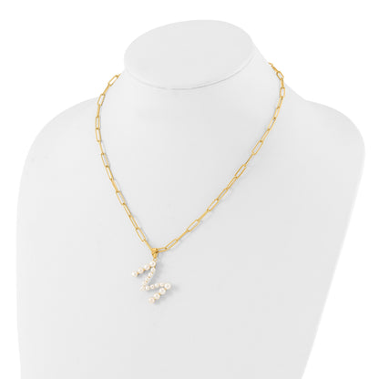Sterling Silver Gold-plated 3-5.5mm White Button Freshwater Cultured Pearl LETTER M 18 inch Necklace