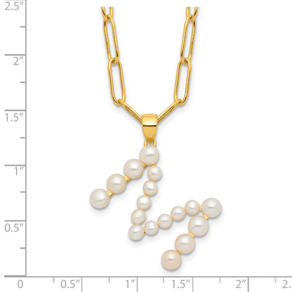 Sterling Silver Gold-plated 3-5.5mm White Button Freshwater Cultured Pearl LETTER M 18 inch Necklace