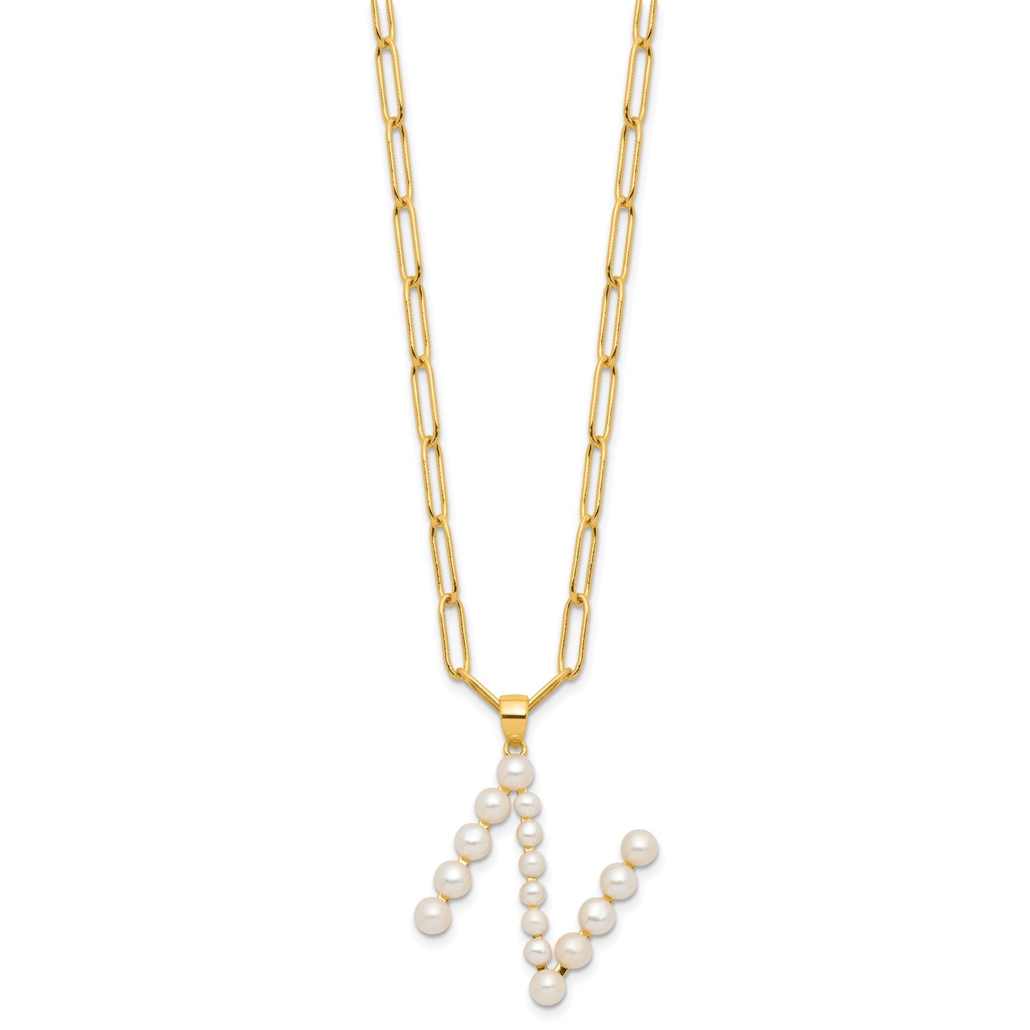 Sterling Silver Gold-plated 3-5.5mm White Button Freshwater Cultured Pearl LETTER N 18 inch Necklace
