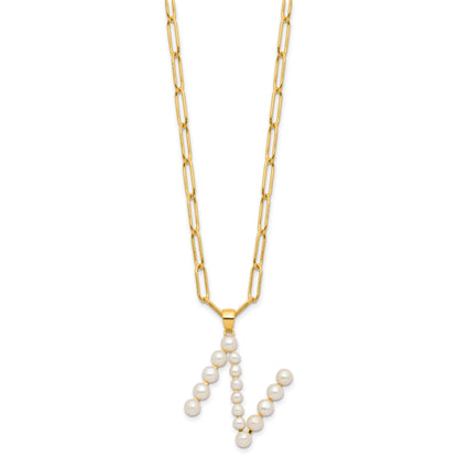 Sterling Silver Gold-plated 3-5.5mm White Button Freshwater Cultured Pearl LETTER N 18 inch Necklace