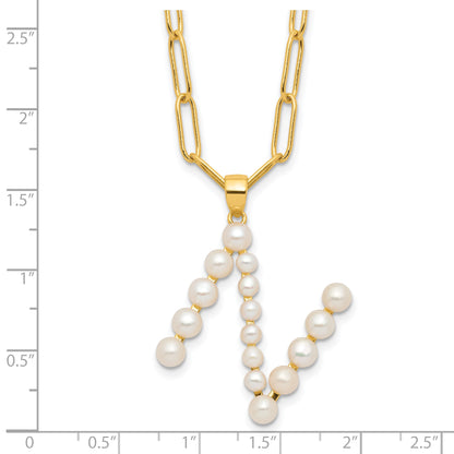 Sterling Silver Gold-plated 3-5.5mm White Button Freshwater Cultured Pearl LETTER N 18 inch Necklace