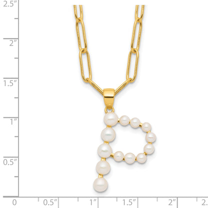 Sterling Silver Gold-plated 3-5.5mm White Button Freshwater Cultured Pearl LETTER P 18 inch Necklace