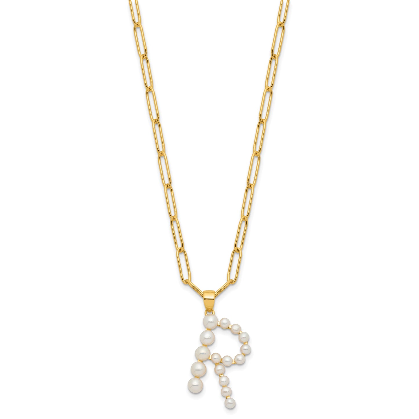 Sterling Silver Gold-plated 3-5.5mm White Button Freshwater Cultured Pearl LETTER R 18 inch Necklace