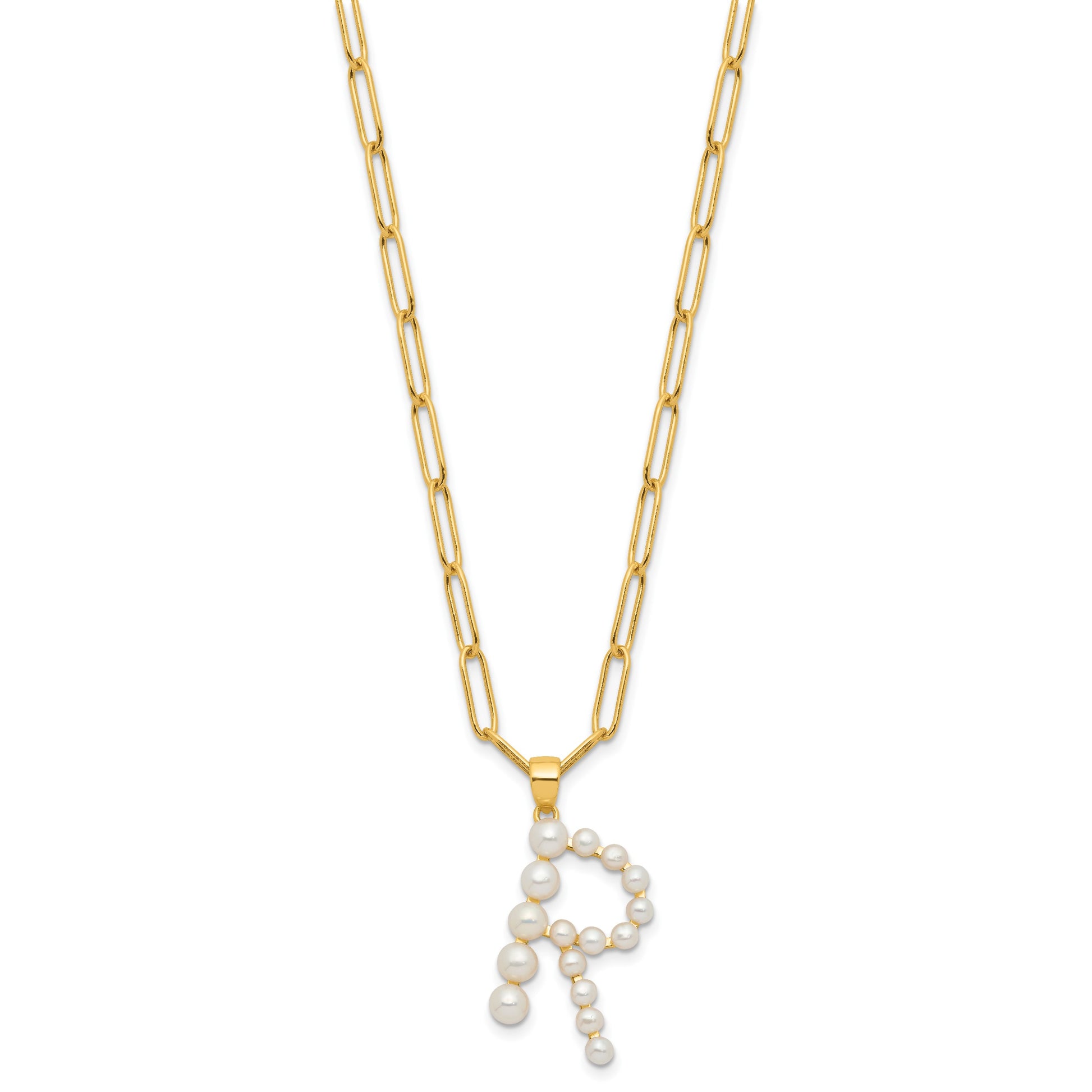 Sterling Silver Gold-plated 3-5.5mm White Button Freshwater Cultured Pearl LETTER R 18 inch Necklace