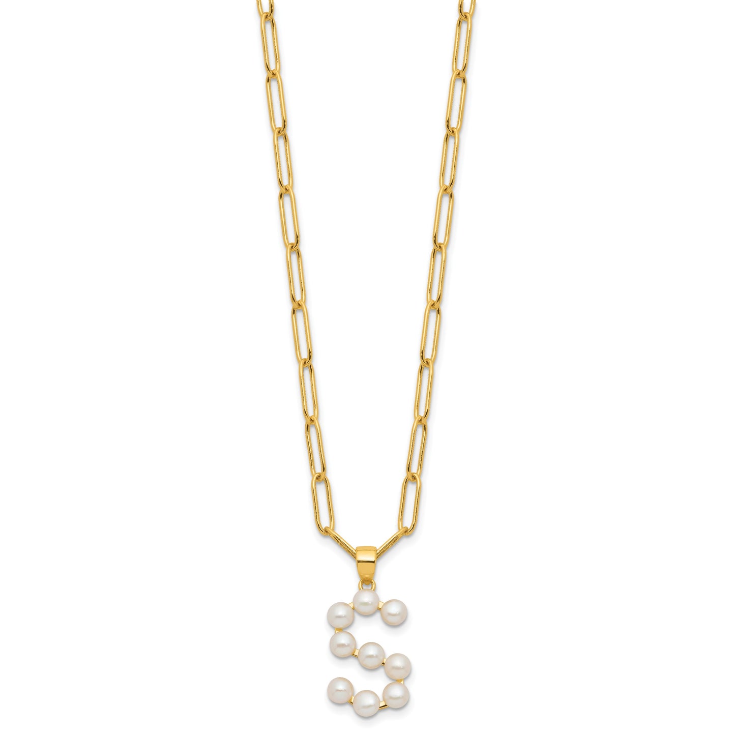 Sterling Silver Gold-plated 3-5.5mm White Button Freshwater Cultured Pearl LETTER S 18 inch Necklace