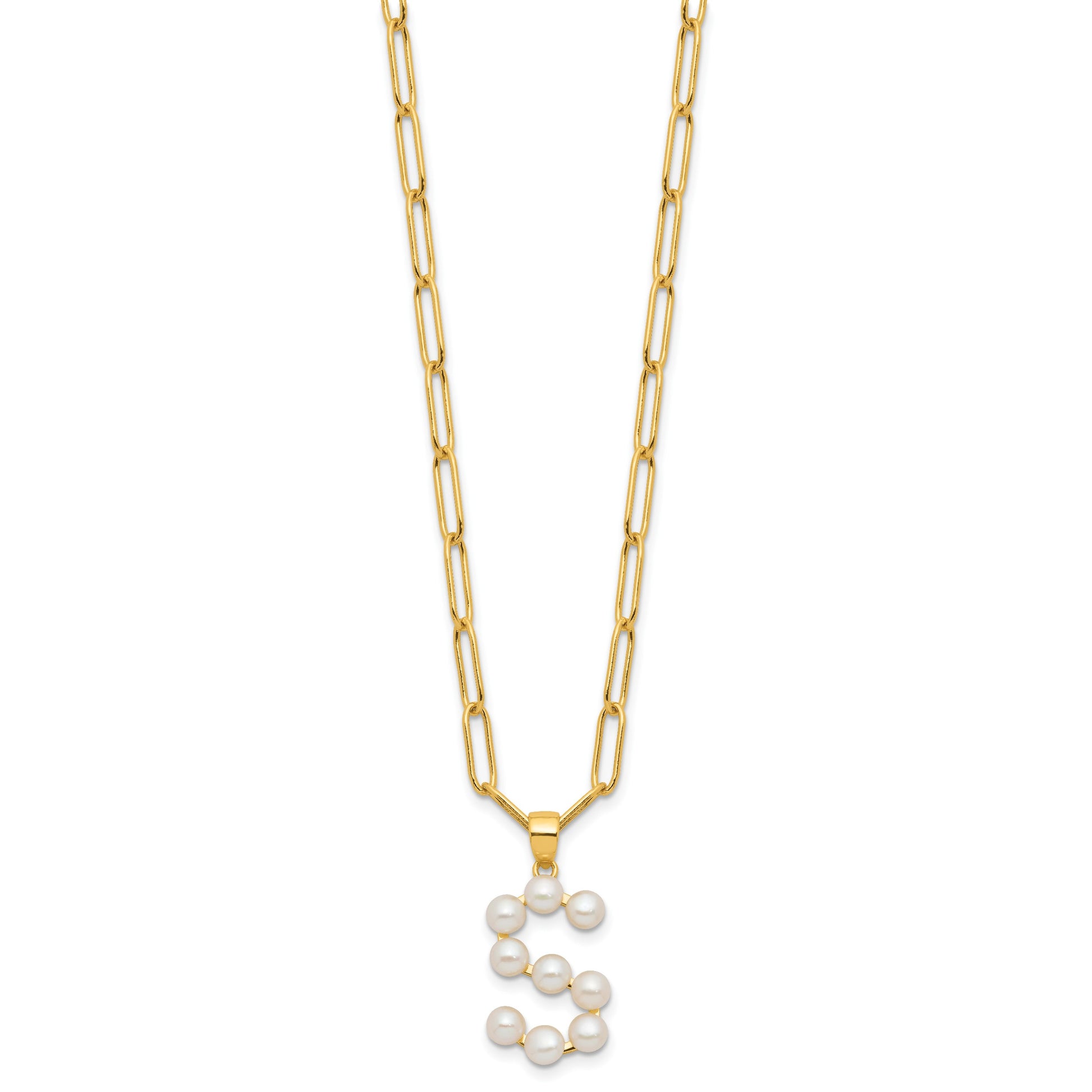 Sterling Silver Gold-plated 3-5.5mm White Button Freshwater Cultured Pearl LETTER S 18 inch Necklace