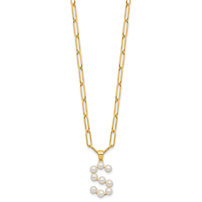 Sterling Silver Gold-plated 3-5.5mm White Button Freshwater Cultured Pearl LETTER S 18 inch Necklace