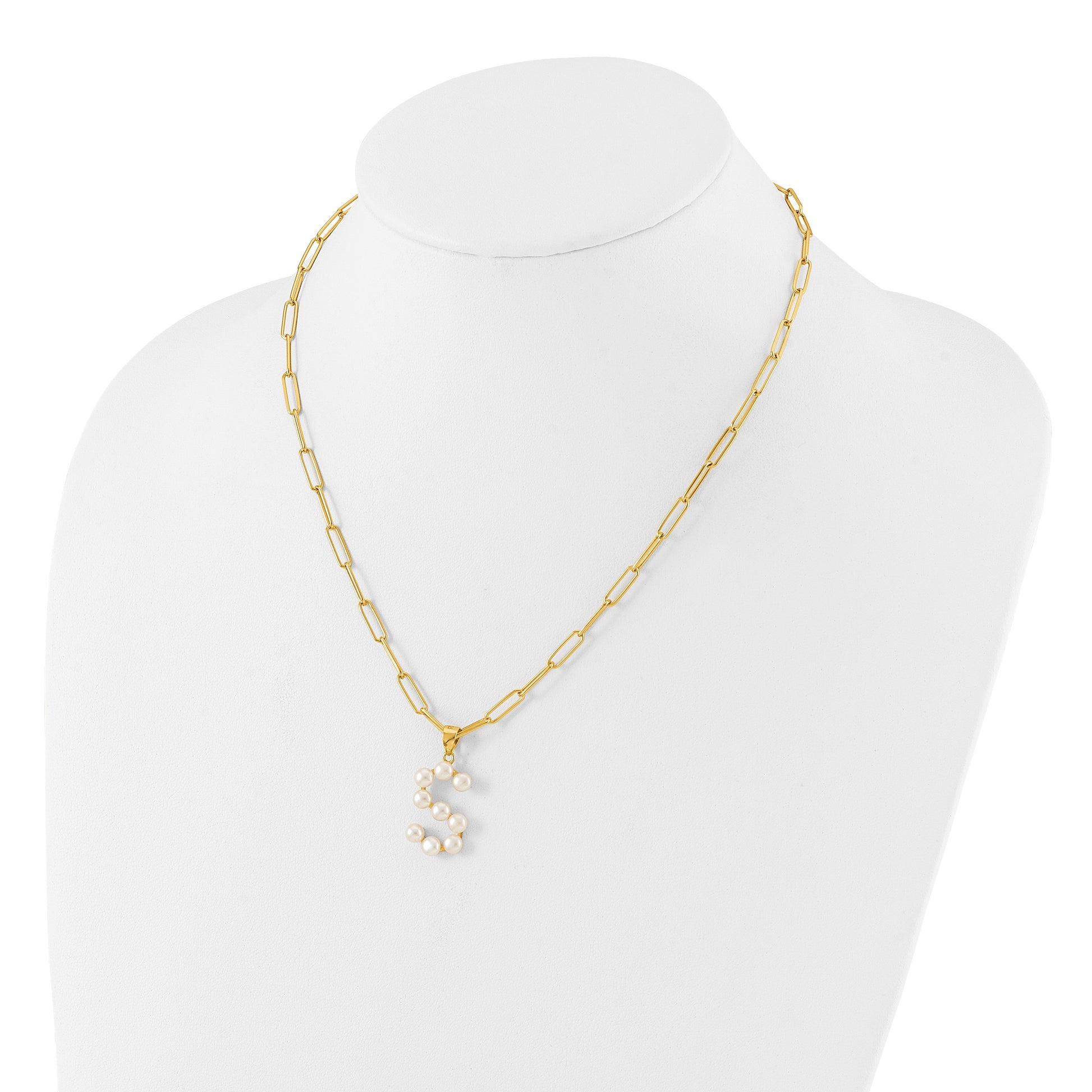 Sterling Silver Gold-plated 3-5.5mm White Button Freshwater Cultured Pearl LETTER S 18 inch Necklace