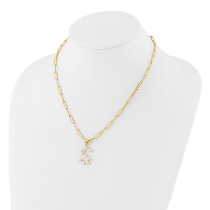 Sterling Silver Gold-plated 3-5.5mm White Button Freshwater Cultured Pearl LETTER S 18 inch Necklace