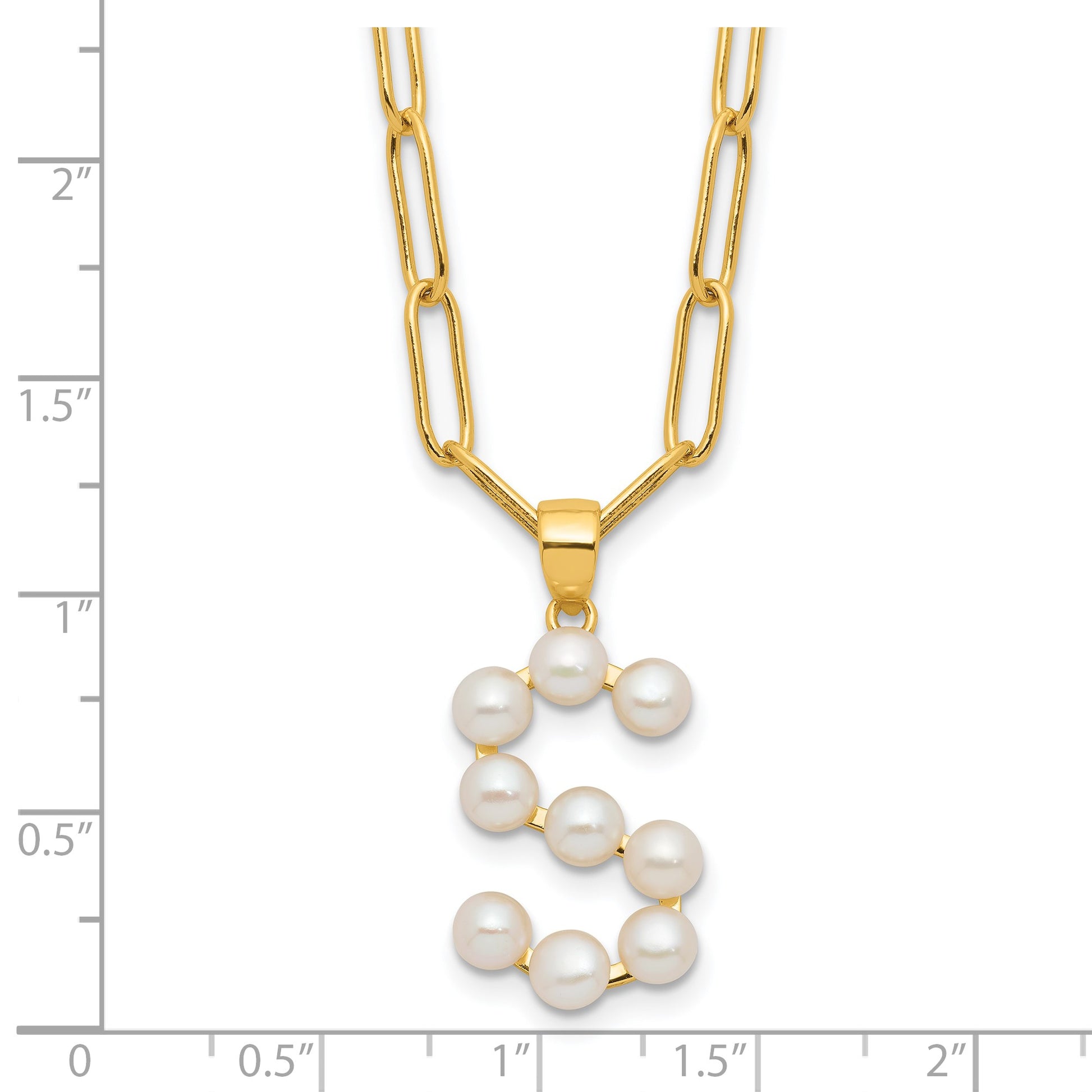 Sterling Silver Gold-plated 3-5.5mm White Button Freshwater Cultured Pearl LETTER S 18 inch Necklace