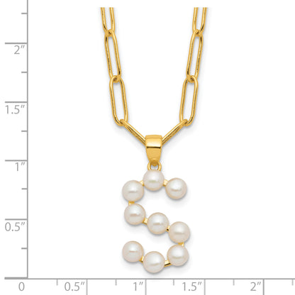 Sterling Silver Gold-plated 3-5.5mm White Button Freshwater Cultured Pearl LETTER S 18 inch Necklace