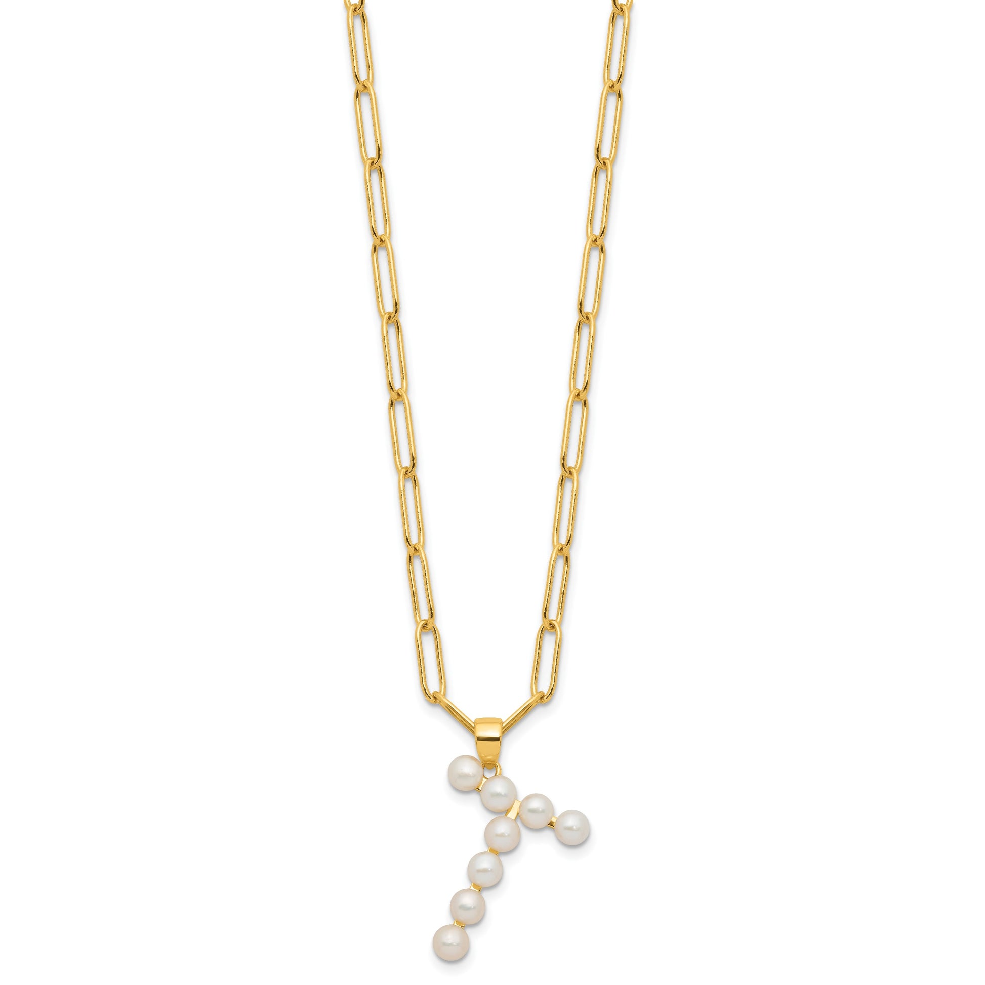 Sterling Silver Gold-plated 3-5.5mm White Button Freshwater Cultured Pearl LETTER T 18 inch Necklace
