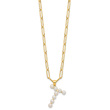 Sterling Silver Gold-plated 3-5.5mm White Button Freshwater Cultured Pearl LETTER T 18 inch Necklace
