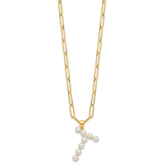 Sterling Silver Gold-plated 3-5.5mm White Button Freshwater Cultured Pearl LETTER T 18 inch Necklace