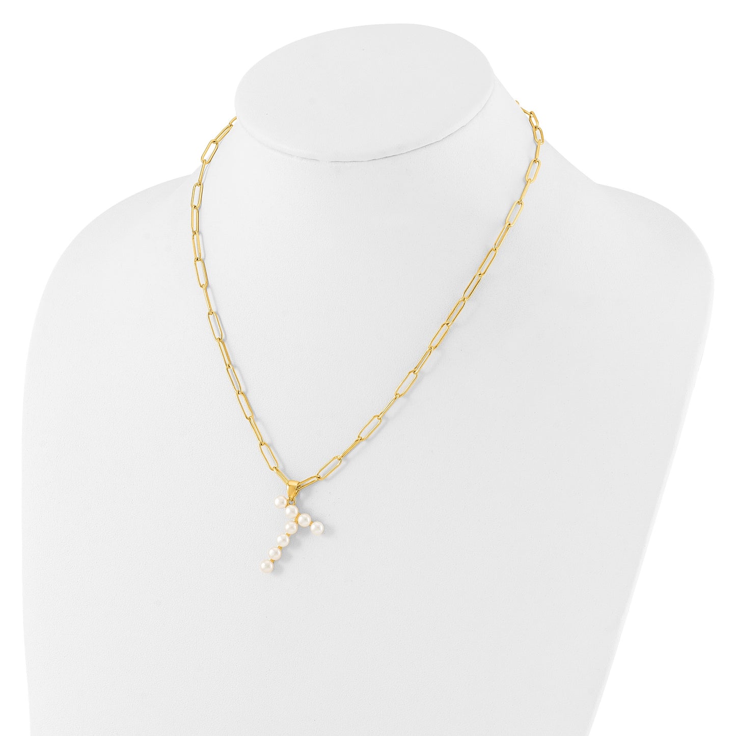 Sterling Silver Gold-plated 3-5.5mm White Button Freshwater Cultured Pearl LETTER T 18 inch Necklace