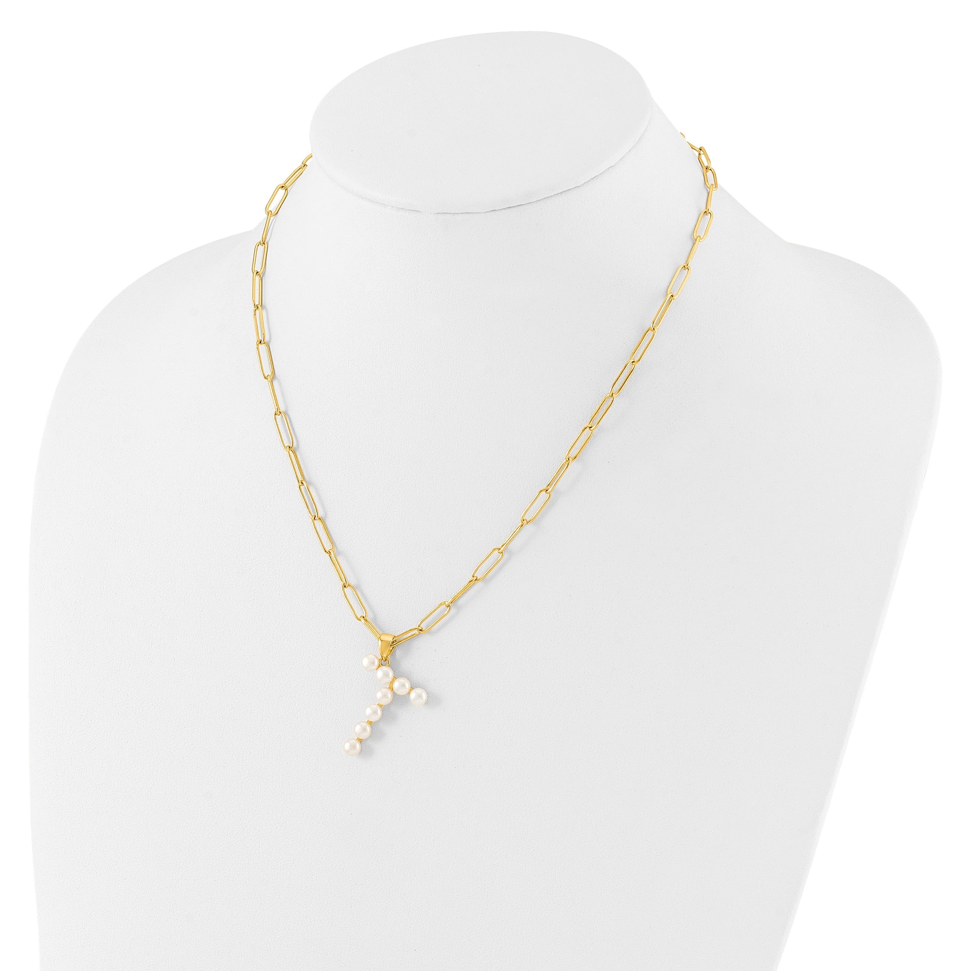 Sterling Silver Gold-plated 3-5.5mm White Button Freshwater Cultured Pearl LETTER T 18 inch Necklace