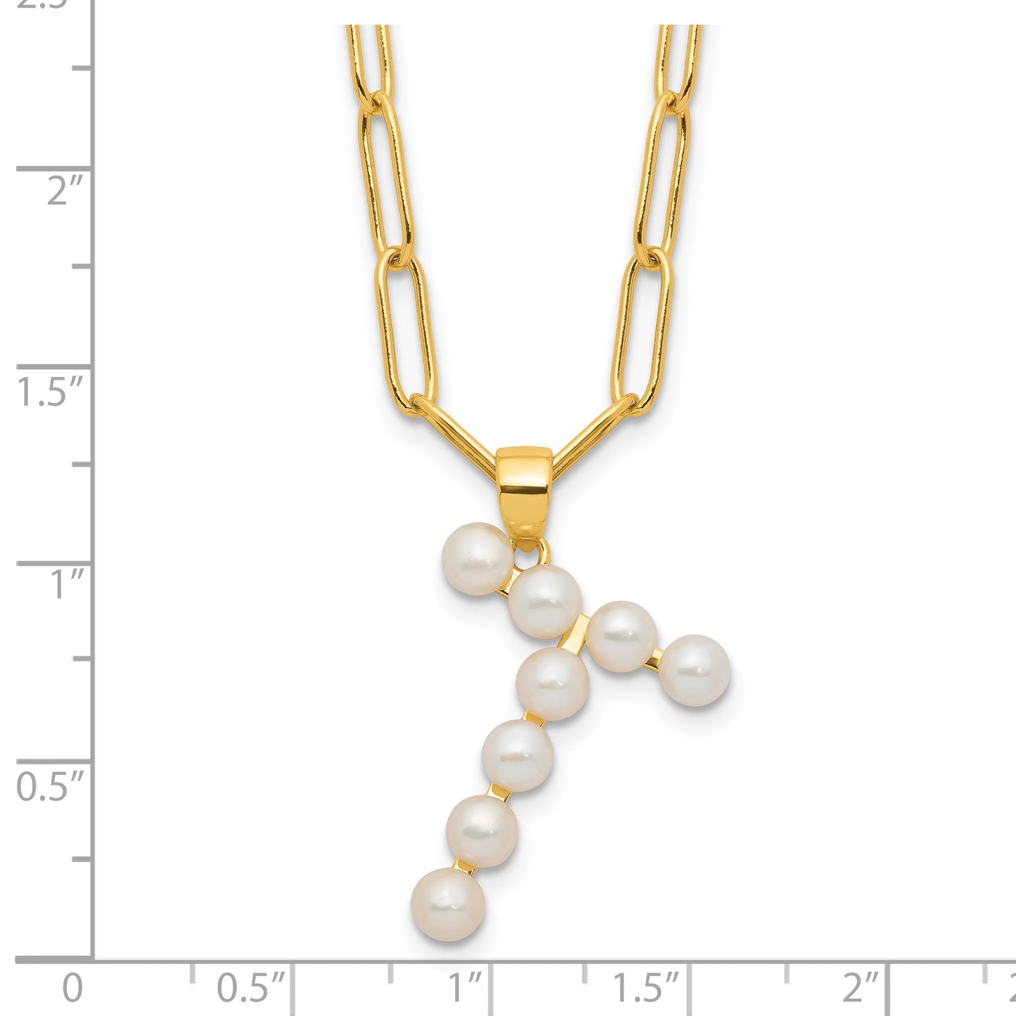 Sterling Silver Gold-plated 3-5.5mm White Button Freshwater Cultured Pearl LETTER T 18 inch Necklace