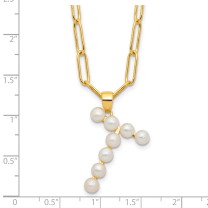 Sterling Silver Gold-plated 3-5.5mm White Button Freshwater Cultured Pearl LETTER T 18 inch Necklace