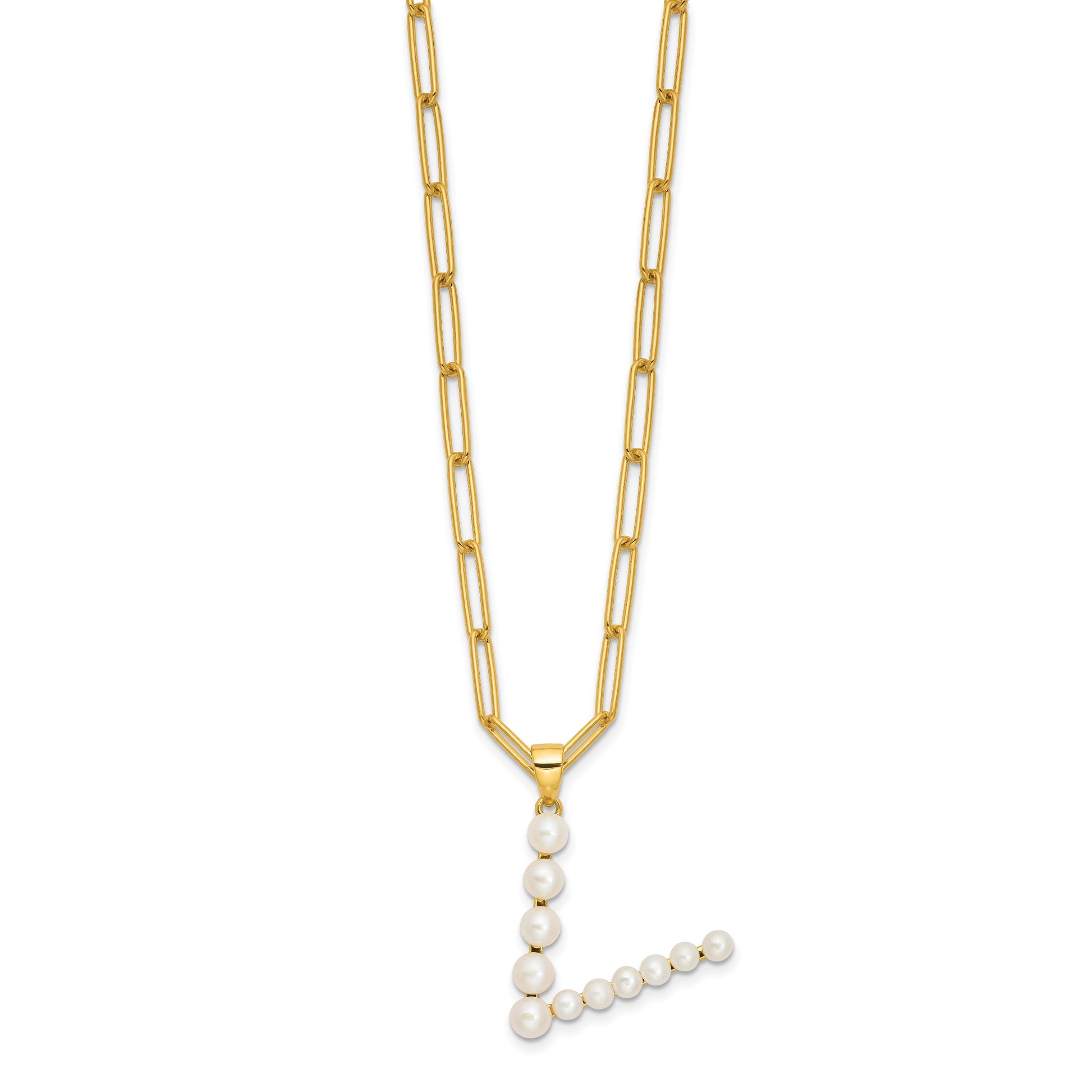 Sterling Silver Gold-plated 3-5.5mm White Button Freshwater Cultured Pearl LETTER V 18 inch Necklace